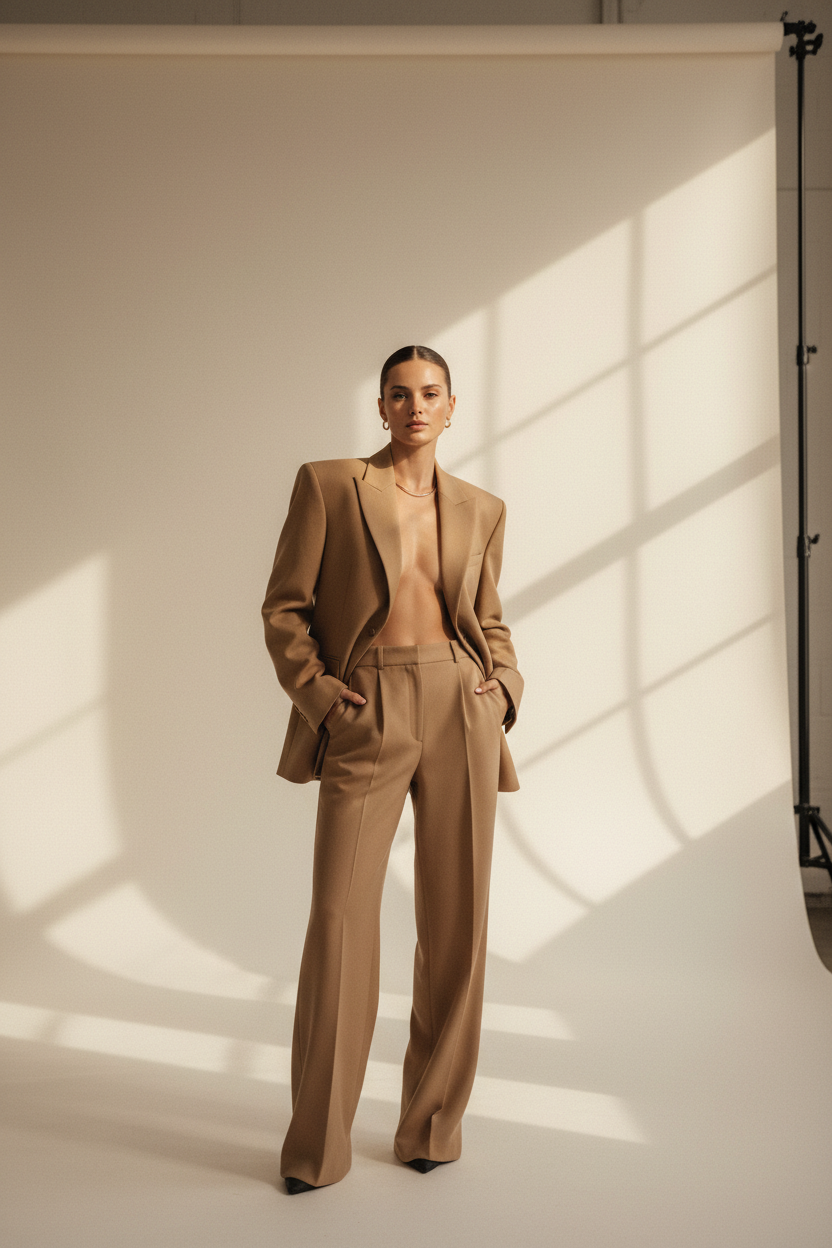 Model wearing Forme Structured Wool Blazer in camel tan